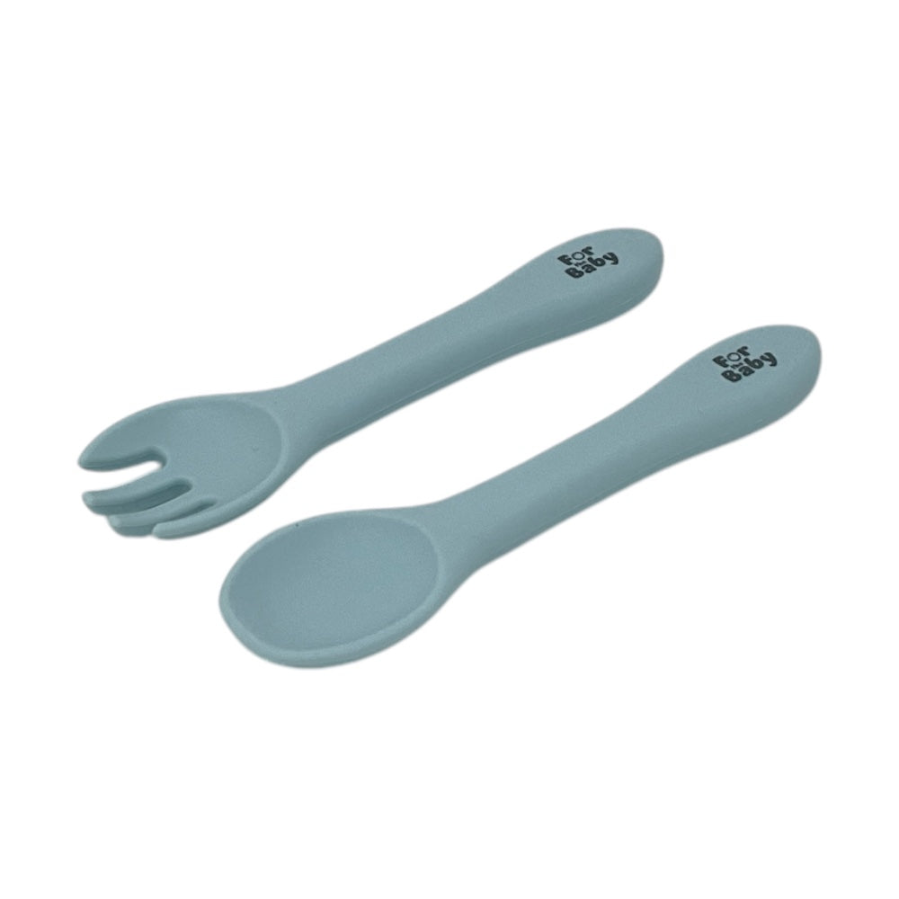 BPA-free, food-grade platinum silicone fork and spoon set, gentle on gums and completely non-toxic.