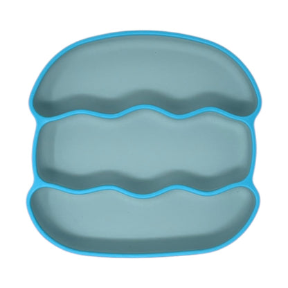 blue silicone plate for babies shaped like a hamburger