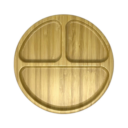 aerial shot of round bamboo plate in 3 sections