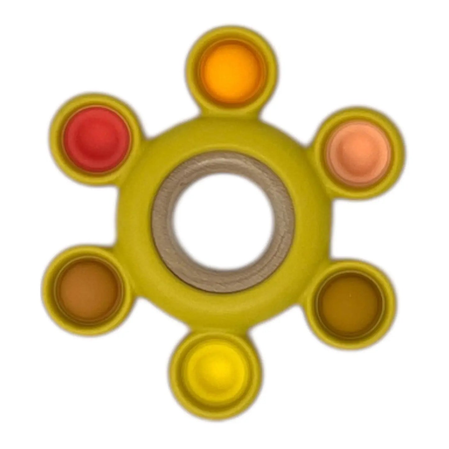 Colourful baby teether with six coloured sections on a white background