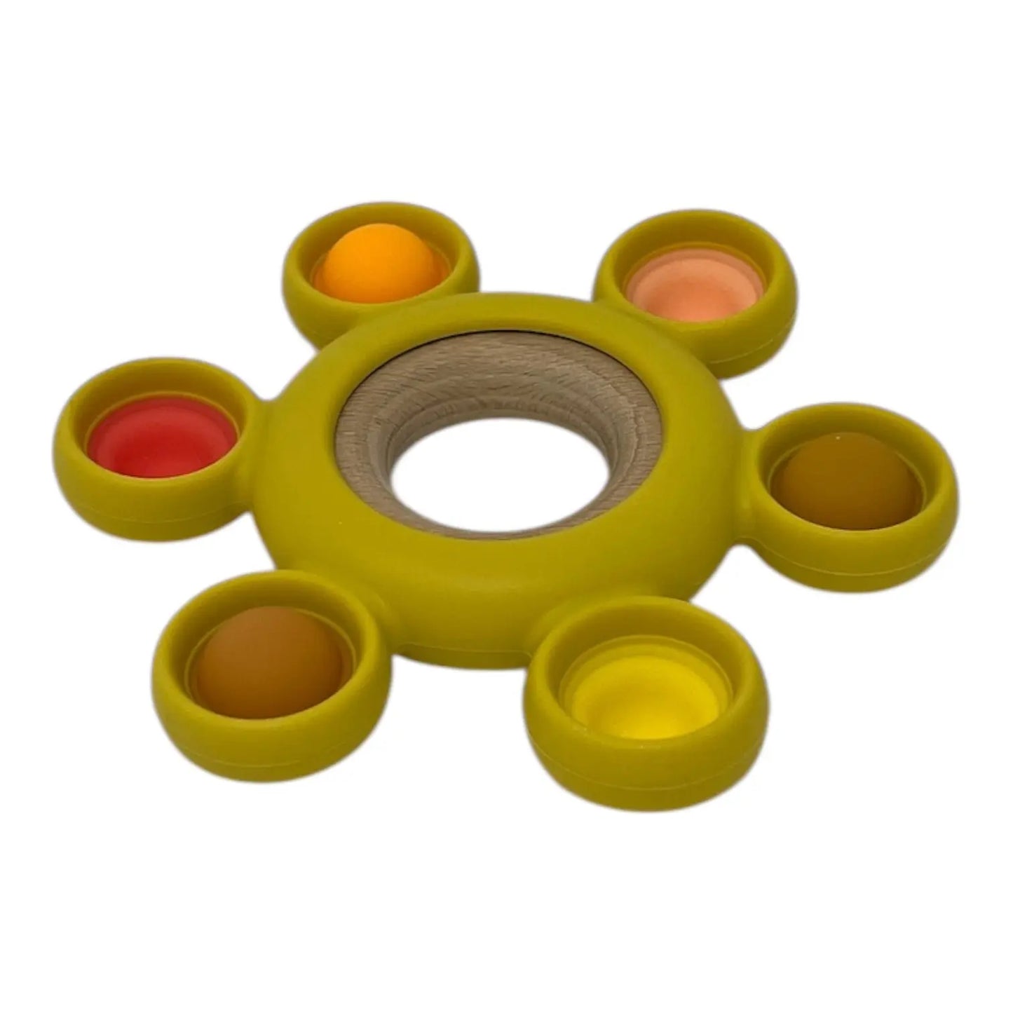 Yellow popper toy with colourful compartments on a white background