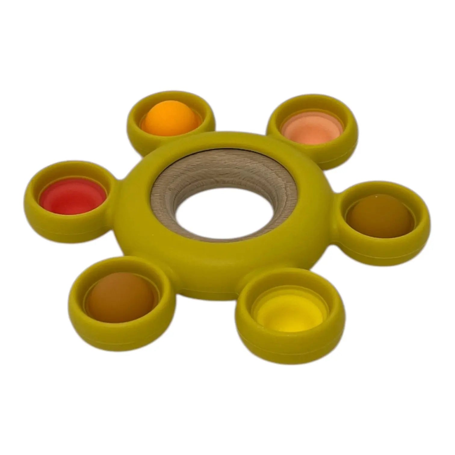 Yellow popper toy with colourful compartments on a white background