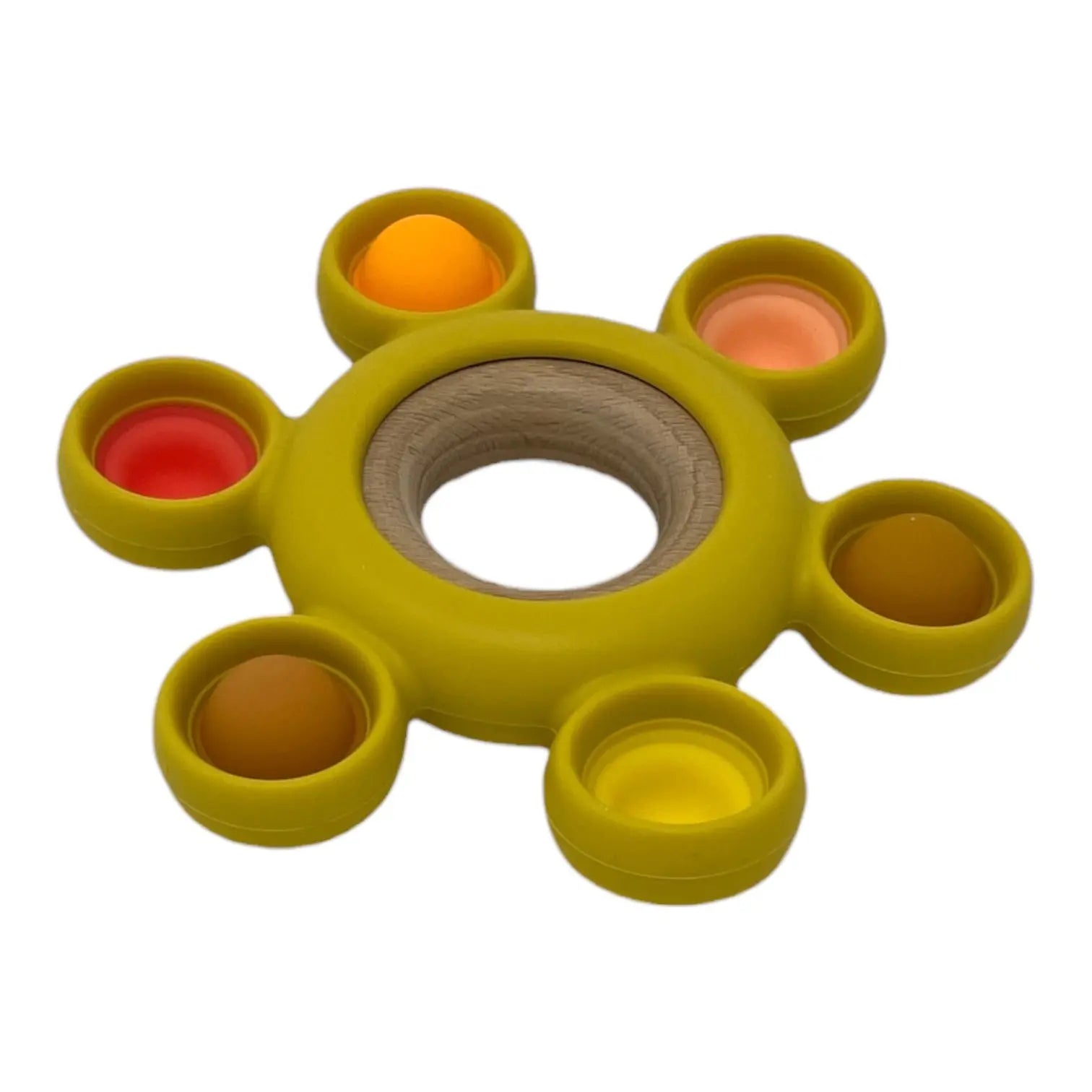 Colourful toy with a central circular hole on a white background