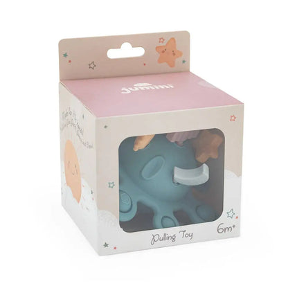 Teal pulling toy in a Jumini packaging box on a white background