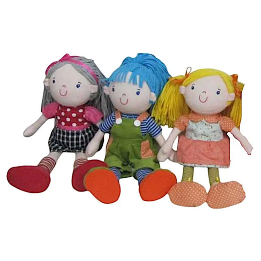 Three colourful dolls with different hairstyles and outfits on a white background