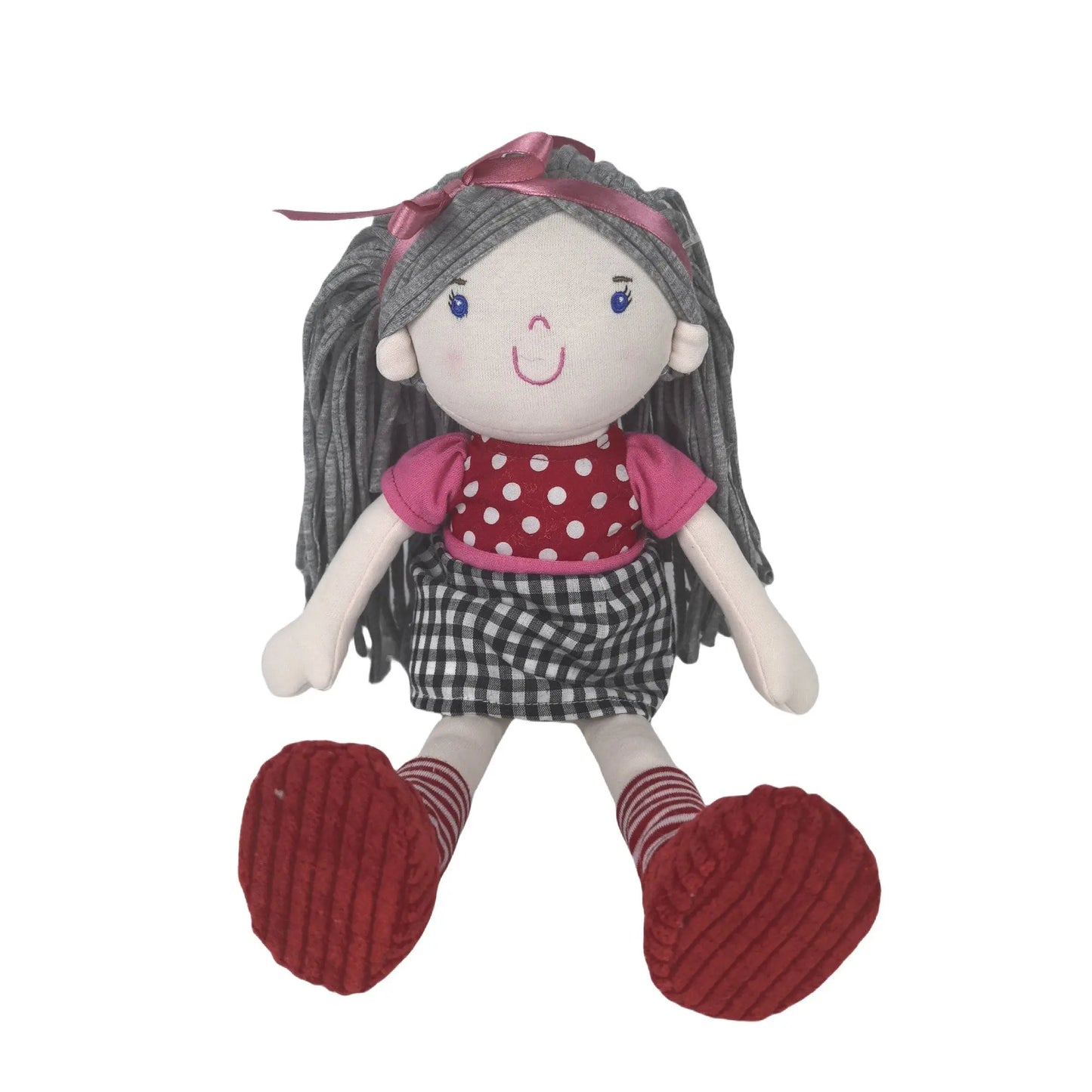 Plush toy doll with grey hair, red shoes, and a checkered skirt on a white background