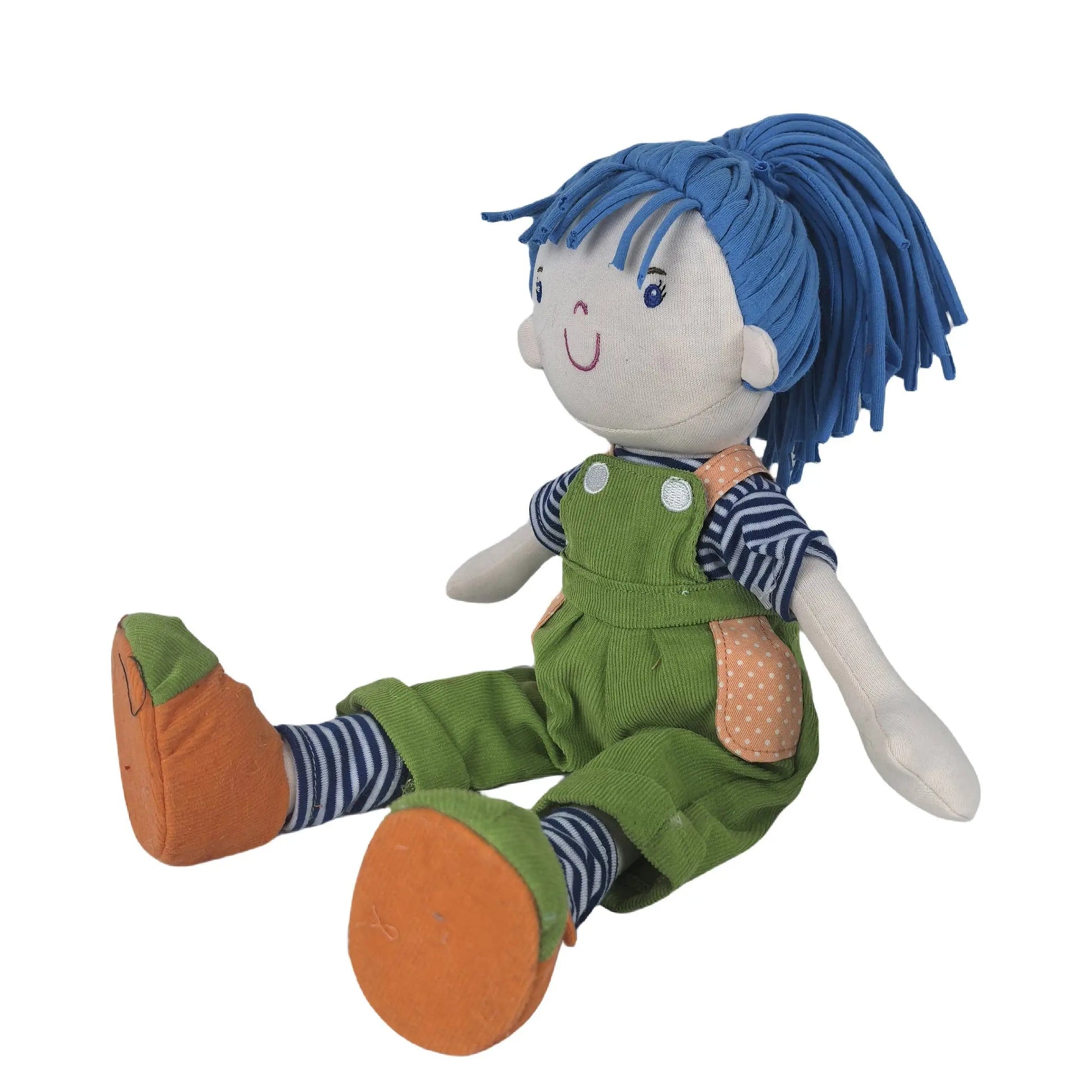Toy doll figure with blue hair, green overalls, and orange shoes on a white background