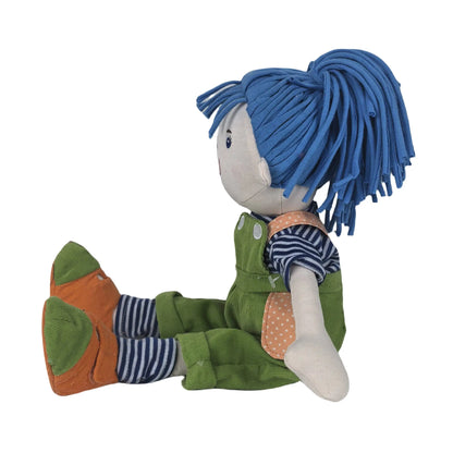 Plush toy with blue hair, green outfit, and striped socks on a white background
