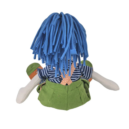Toy figure with blue hair, striped shirt, and green shorts on a white background