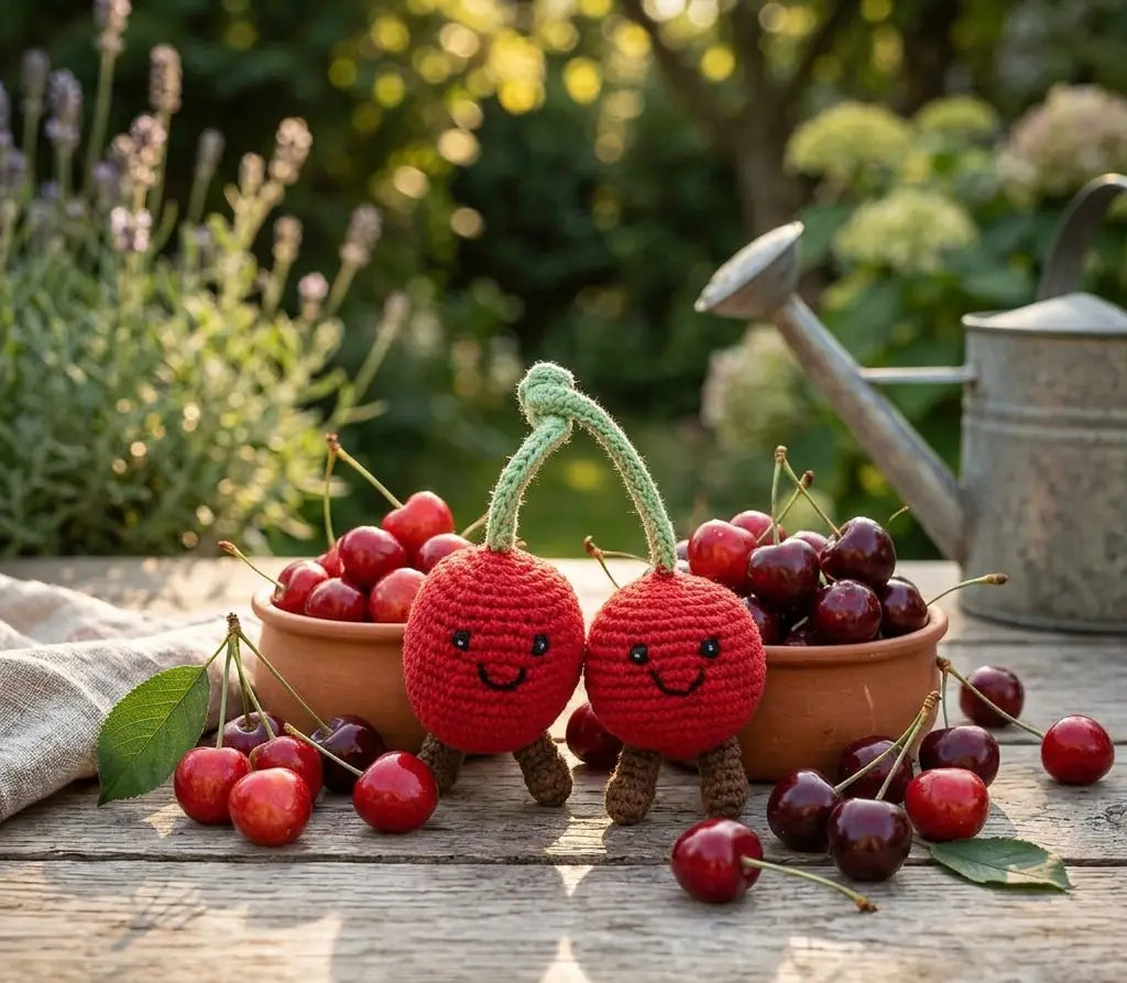 Two red crocheted cherry characters with green stems and smiling faces, standing in front of a terracotta bowl filled with cherries on a rustic wooden table, with a metal watering can and garden background.