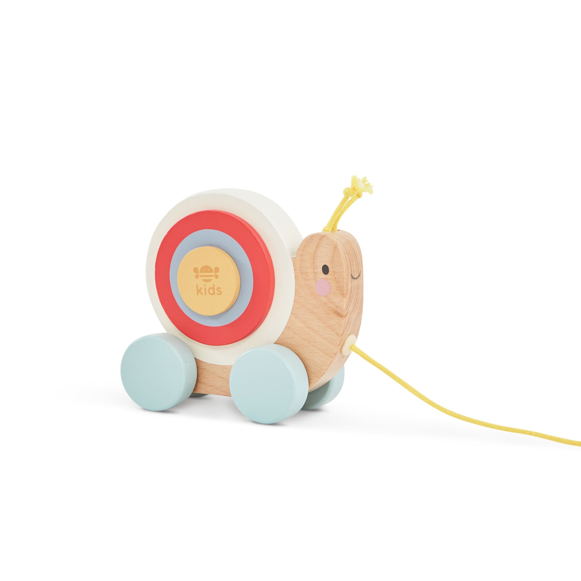 Wooden toy snail with colourful shell on a white background