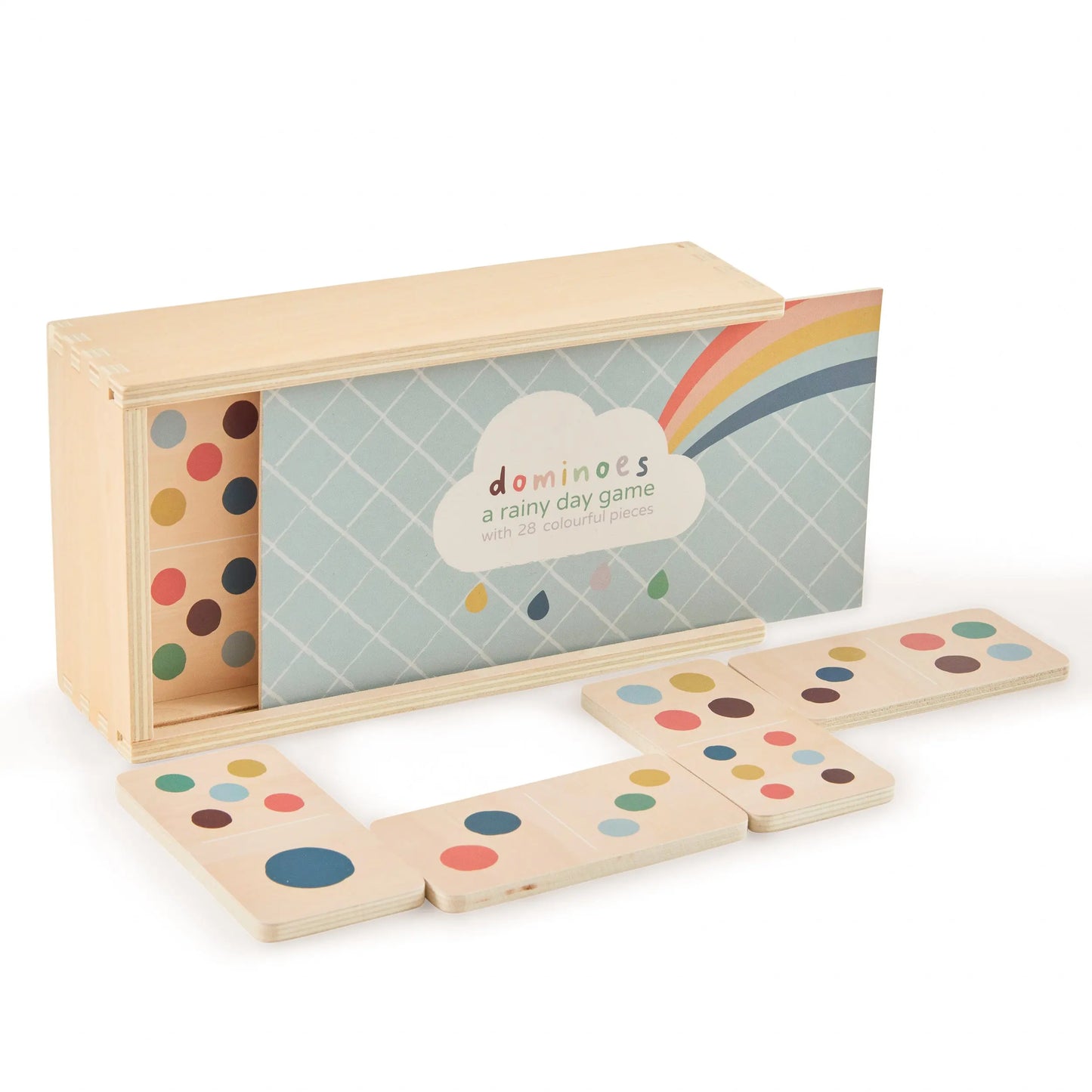 Wooden dominoes set with colourful dots on a white background