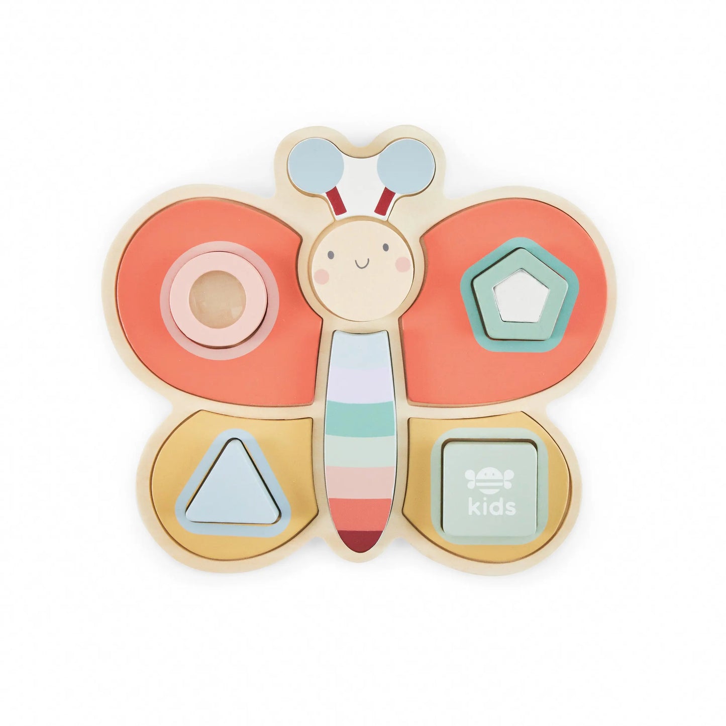 Dragonfly-shaped educational toy with colourful shapes on a white background