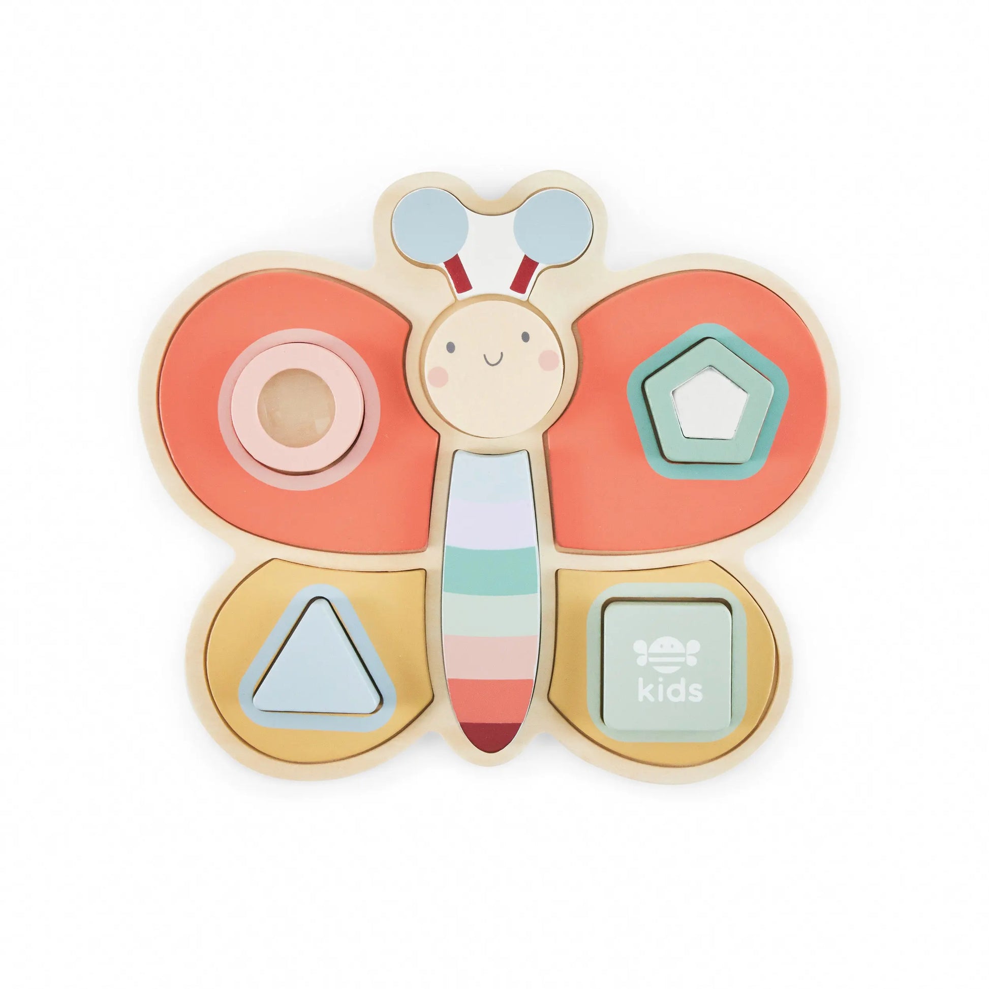 Dragonfly-shaped educational toy with colourful shapes on a white background