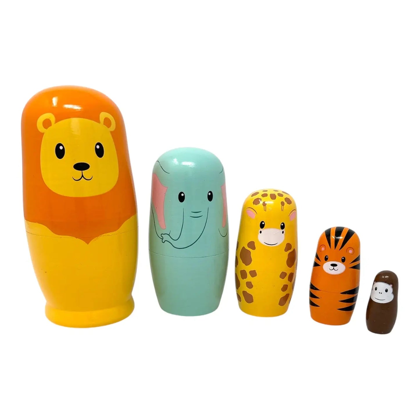 Set of colourful nesting dolls with animal designs on a white background