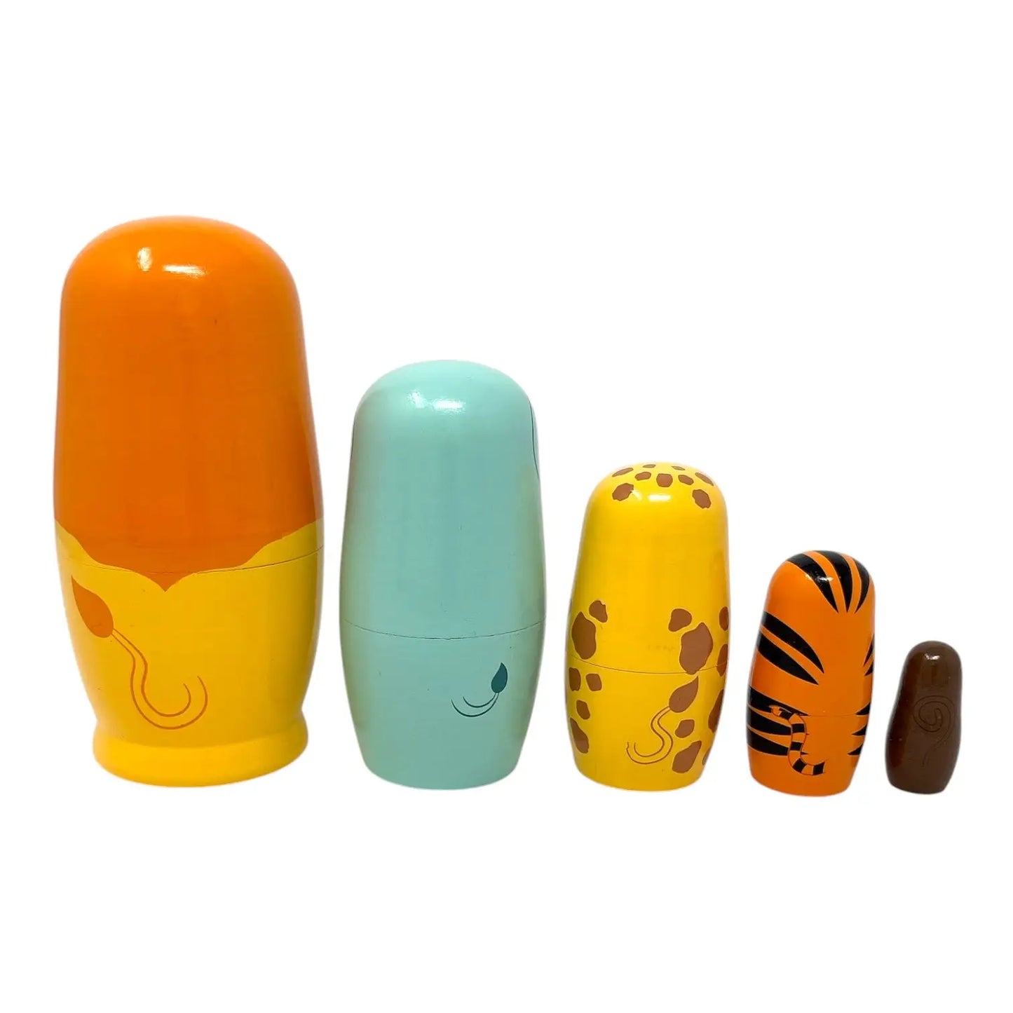 Set of colourful nesting dolls with different designs on a white background