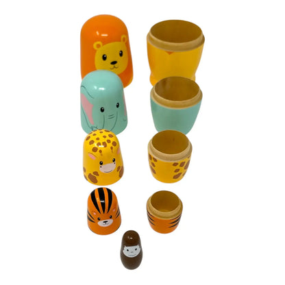 Set of colourful animal-themed nesting dolls on a white background