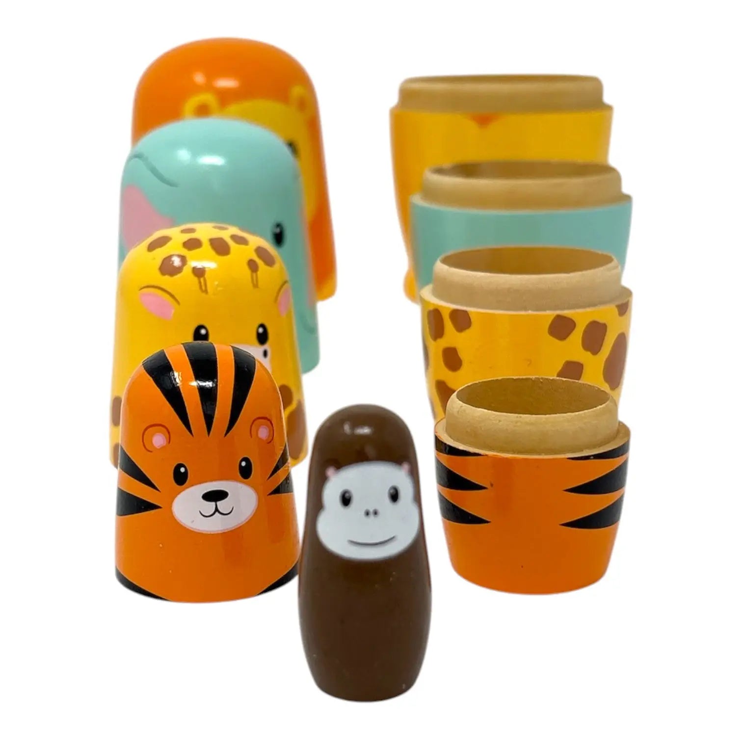 Set of colourful animal-themed nesting dolls on a white background