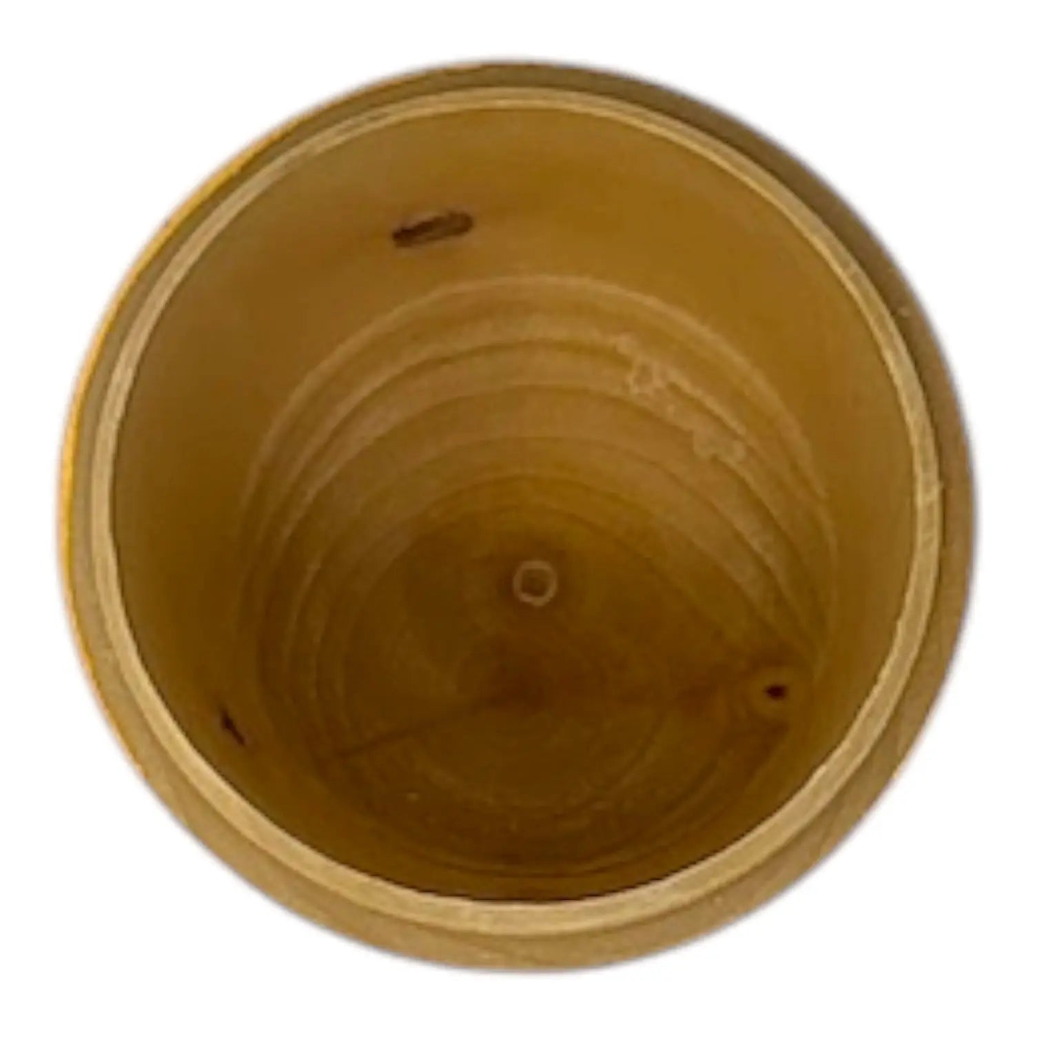 Brown wooden inside of a stacking doll toy on a white background