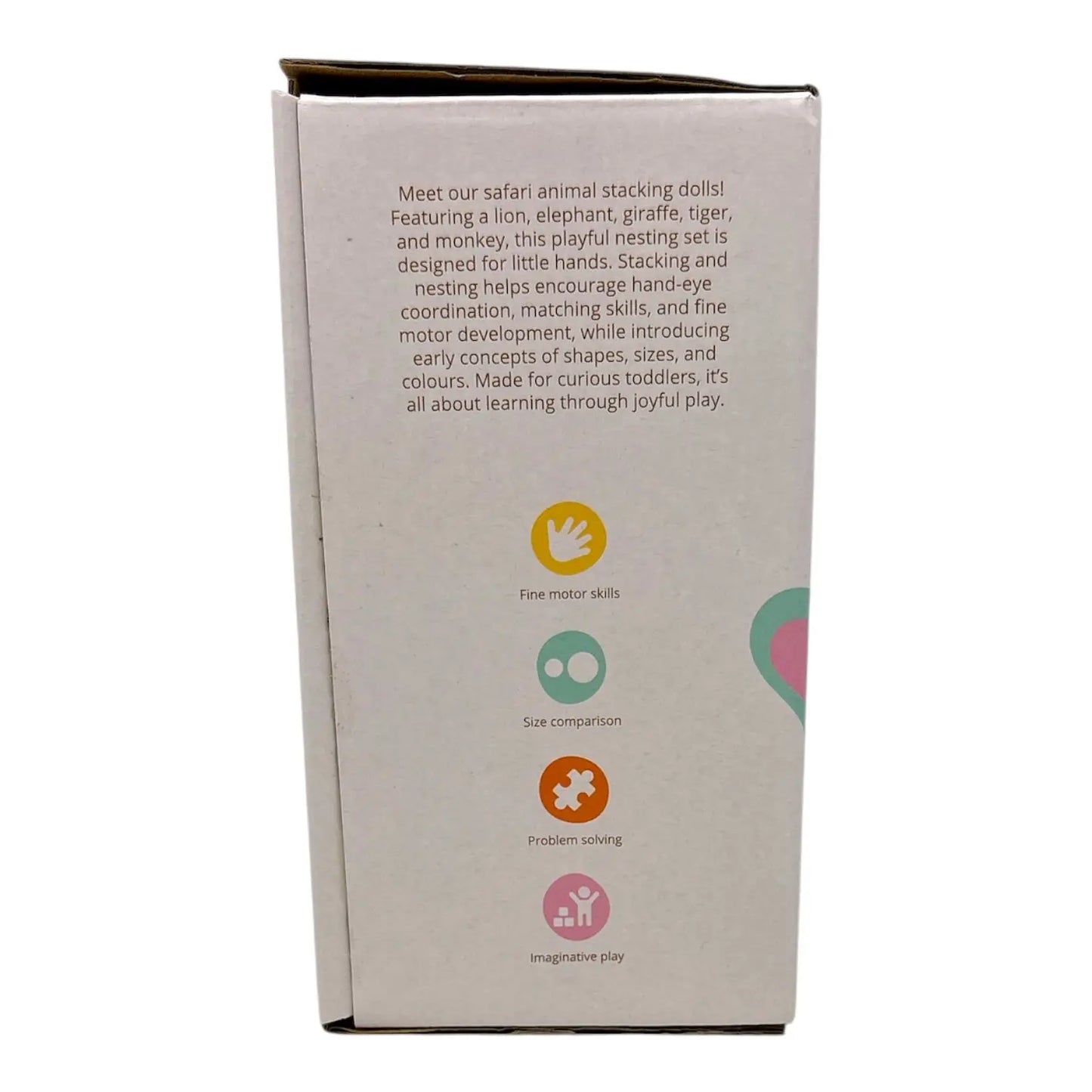 Cardboard box packaging for a children's educational toy set with text and icons on a white background.