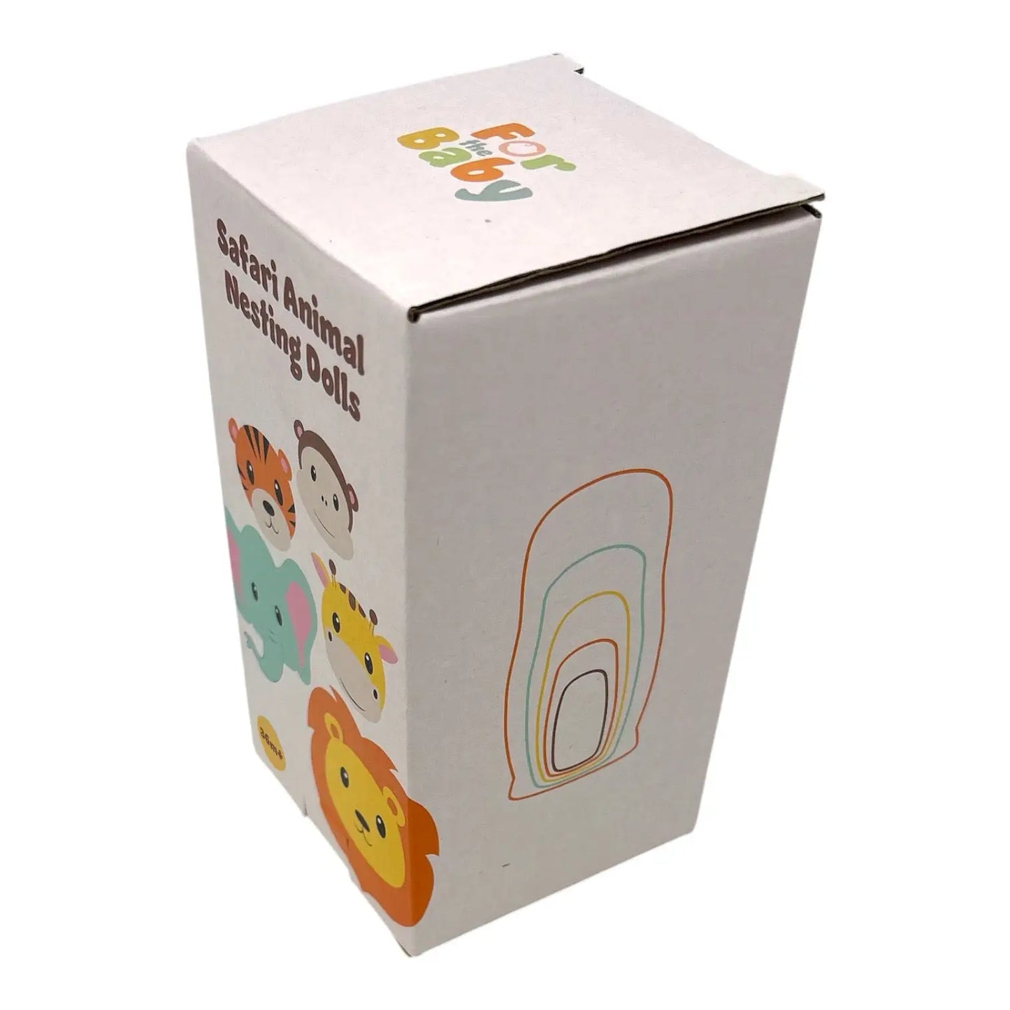 Box of Safari Animal Nesting Dolls with illustrations on a white background