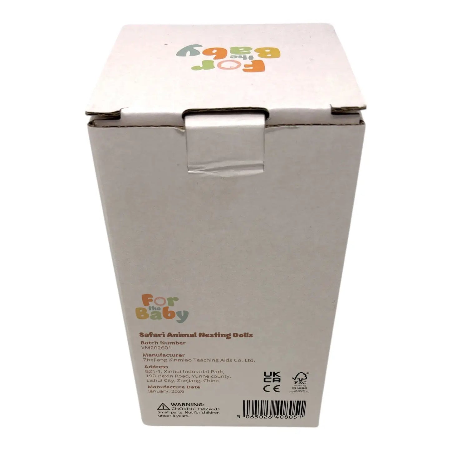 Cardboard box packaging for safari animal nesting dolls on a white background