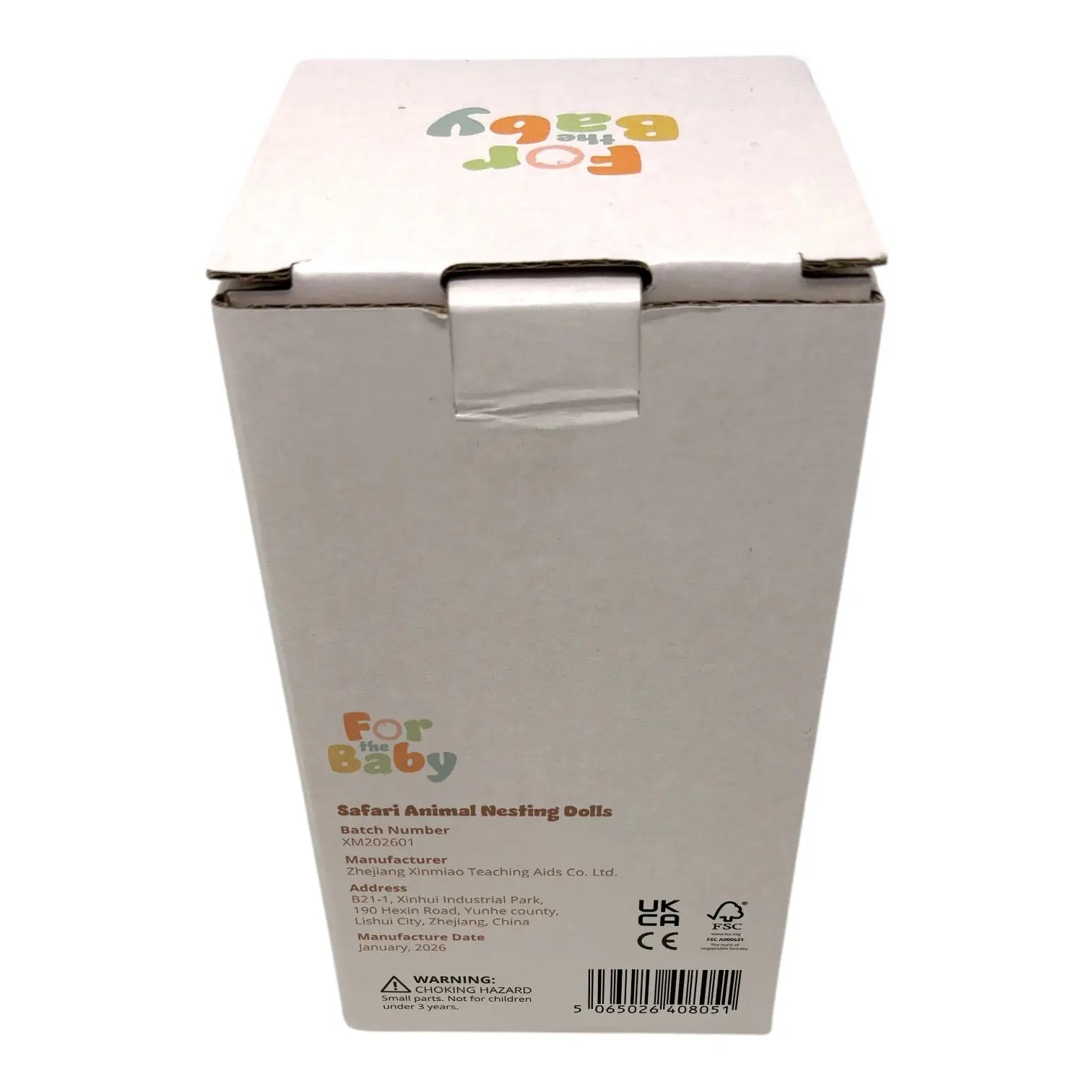 Cardboard box packaging for safari animal nesting dolls on a white background