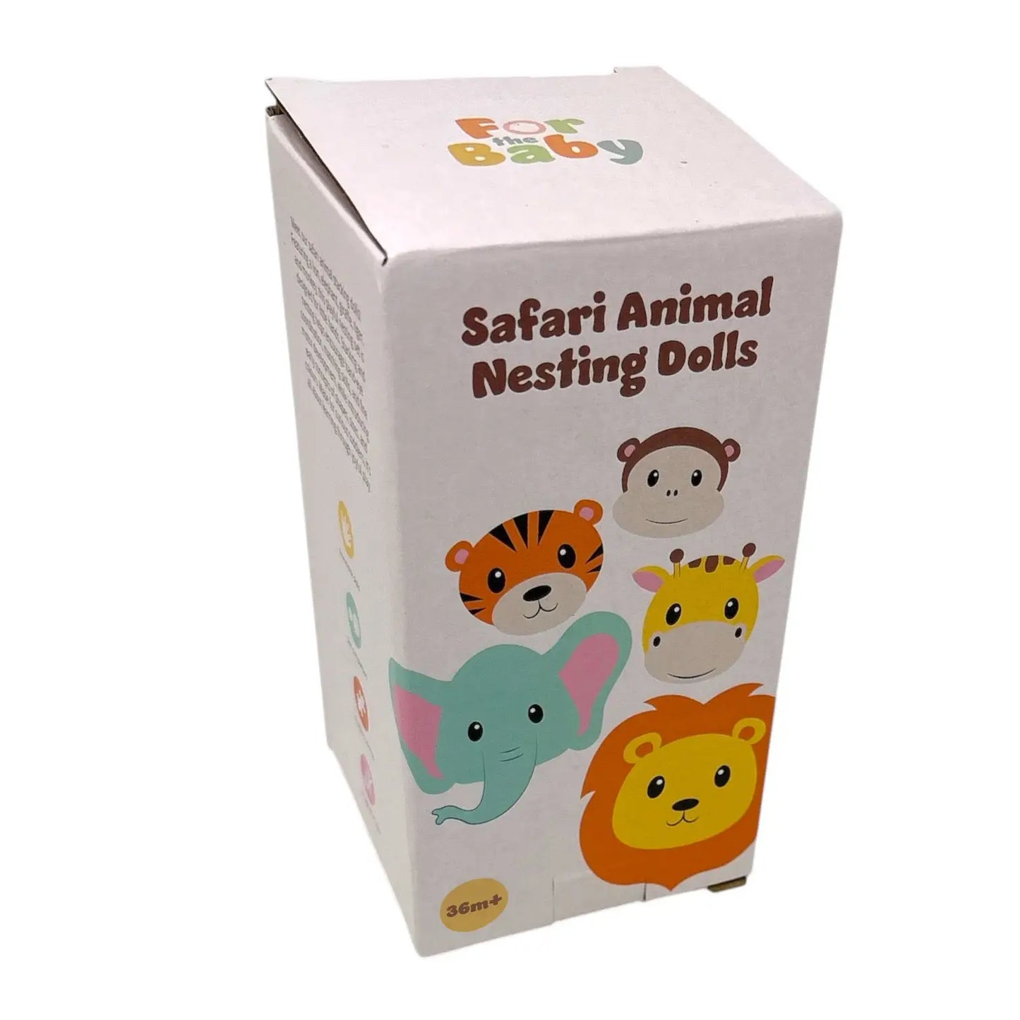 Box of Safari Animal Nesting Dolls with cartoon animal faces on a white background