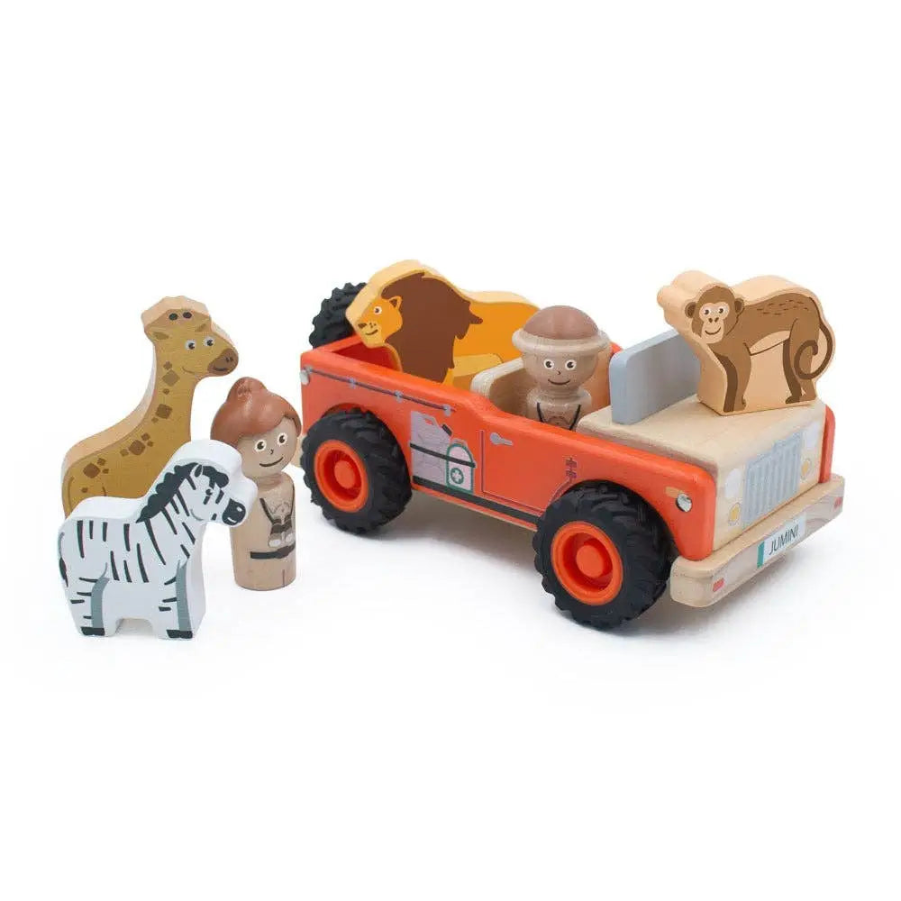 Wooden toy truck with animals on a white background