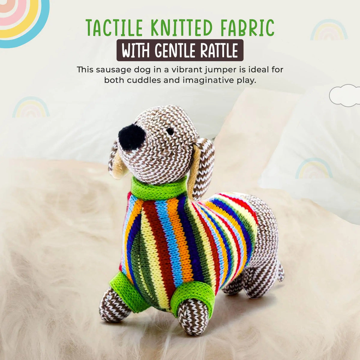 Colourful knitted dog toy with a gentle rattle on a light background