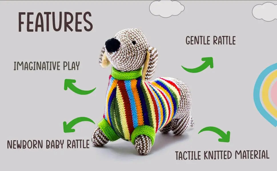 Colourful striped toy with text highlighting features on a light grey background