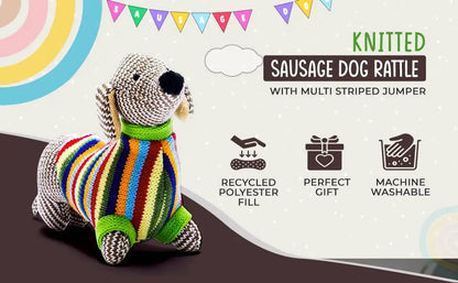 Knitted sausage dog rattle with a multi-striped jumper, shown on a decorated promotional background with text and feature icons.