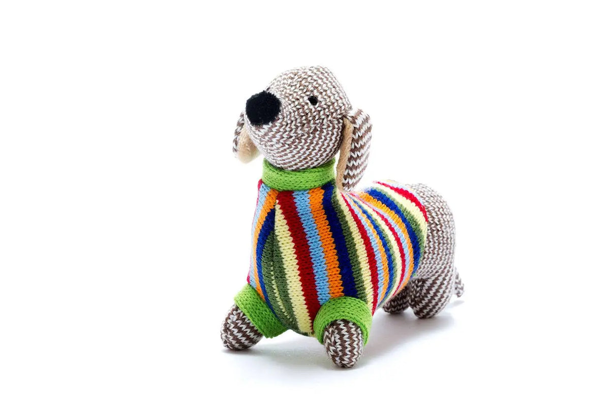 Knitted dog toy with a colourful striped body on a white background