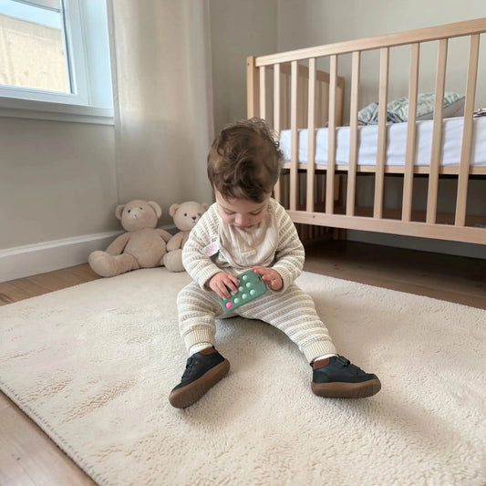 Child playing with a toy phone on a rug in a nursery