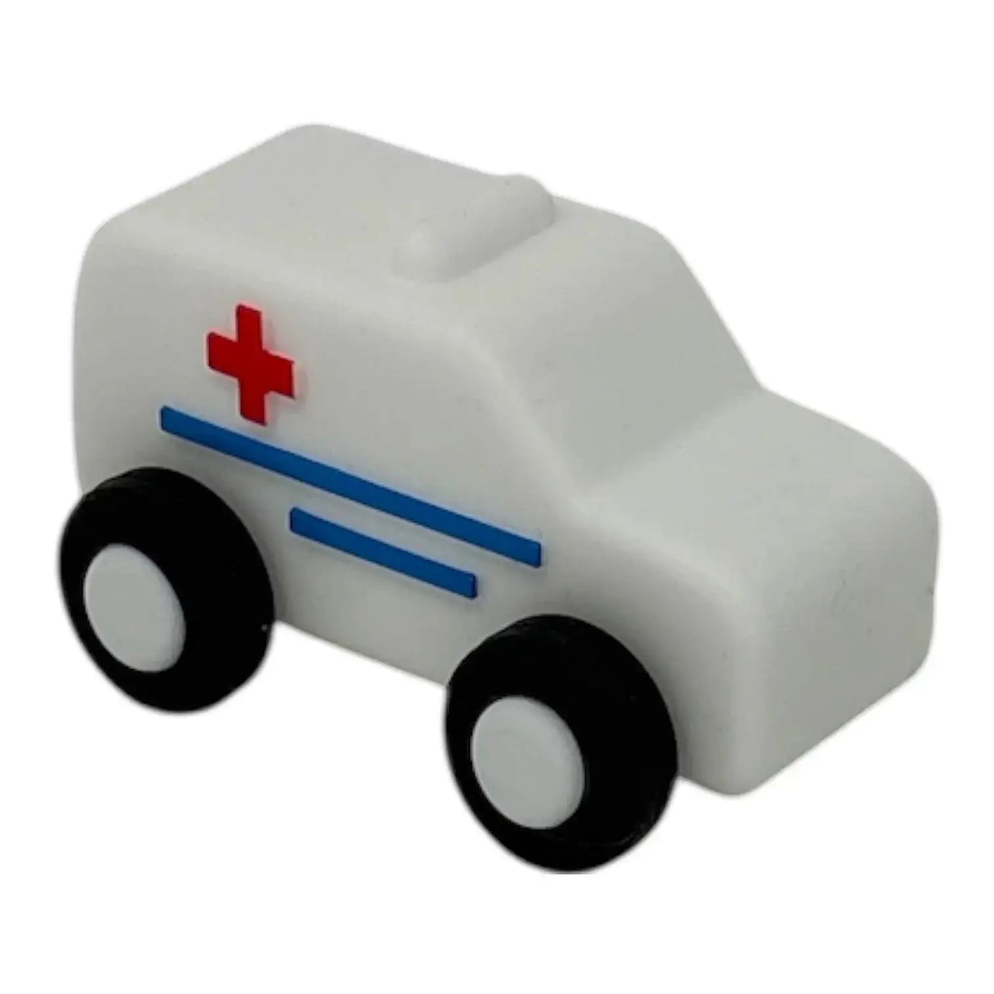 For The Baby white silicone toy ambulance with red cross and blue stripes, black wheels. Ideal for babies 6 months+