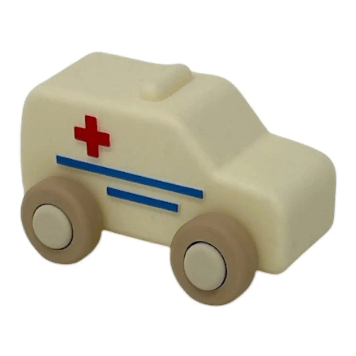 For The Baby cream silicone toy ambulance with red cross and blue stripes, featuring tan wheels. Perfect for babies 6 months+