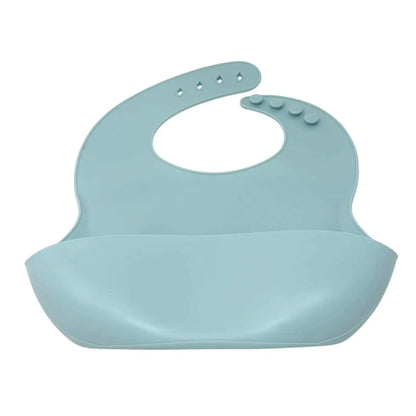 Light blue silicone bib on a white background