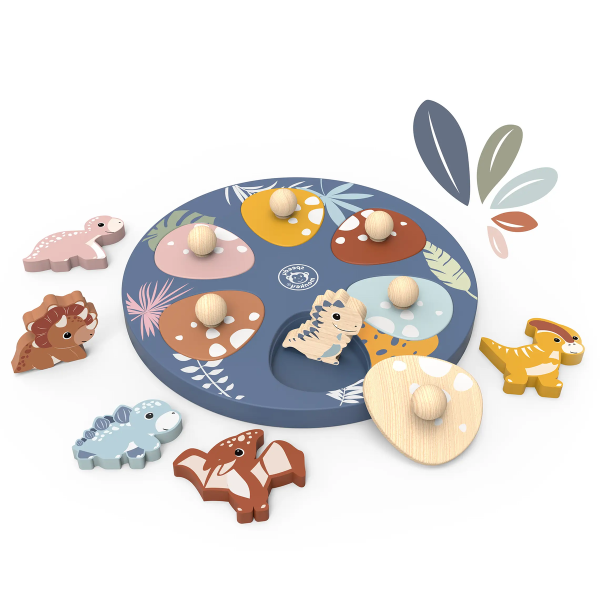 Wooden toy set with colourful plates and dinosaur figures on a white background
