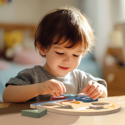 Child playing with a wooden puzzle at a table