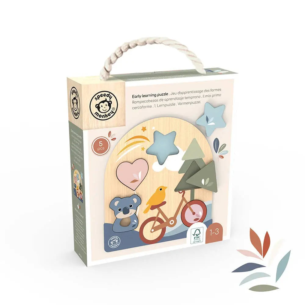 Wooden puzzle packaging with colourful illustrations on a white background