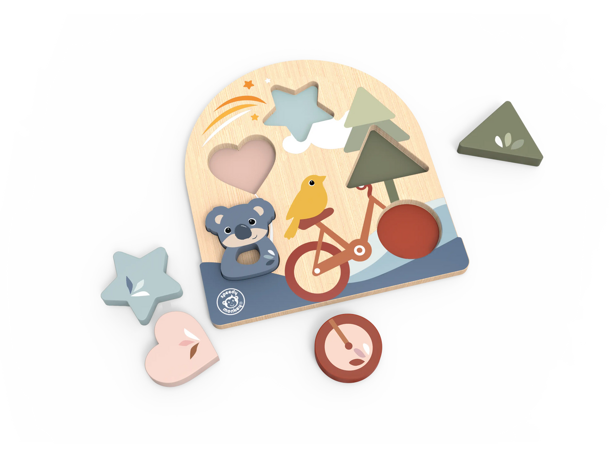 A wooden children's puzzle board with cutout shapes and matching loose pieces, including a heart, star, triangle, clock, and bird-themed bicycle scene, photographed on a clean white background.