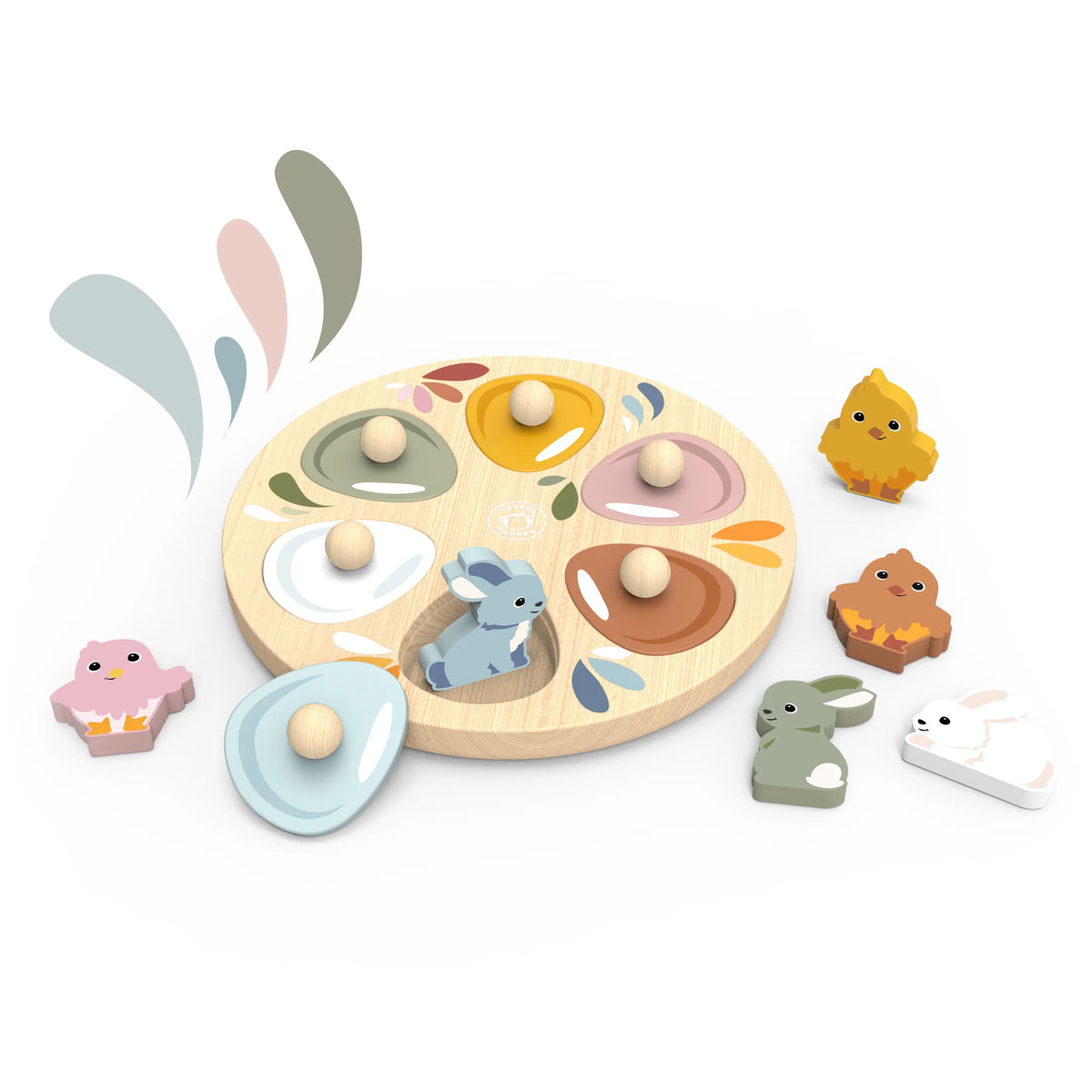 Wooden toy set with a circular board and animal-shaped pieces on a white background