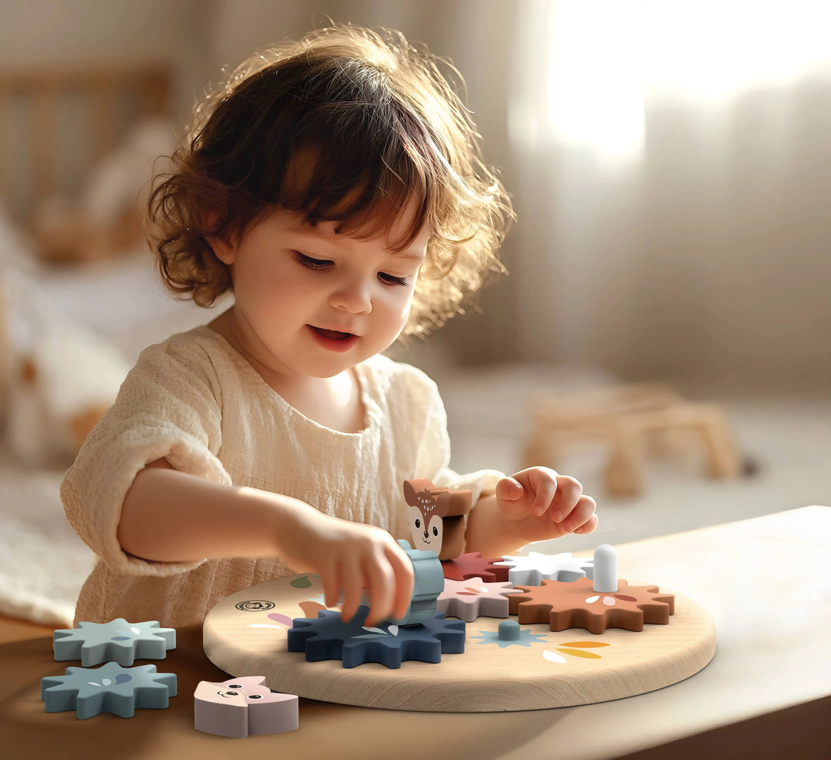 Child playing with wooden puzzle toys on a table.