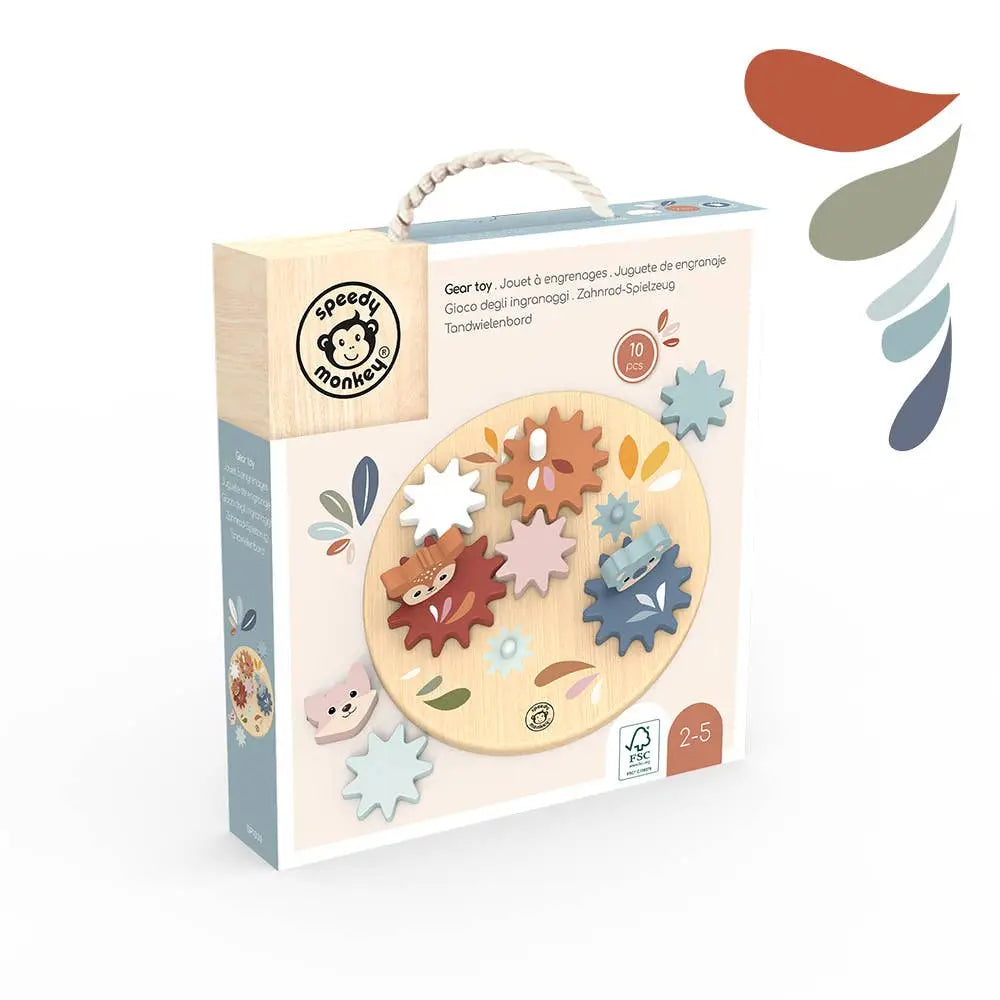 Wooden toy packaging with colourful gears and Speedy Monkeys branding on a white background