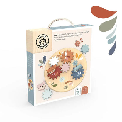 Wooden toy packaging with colourful gears and Speedy Monkeys branding on a white background