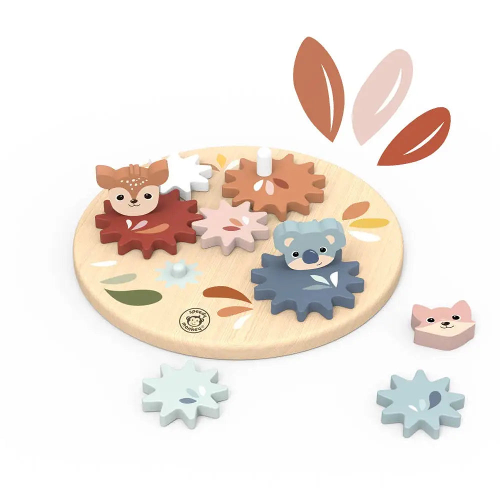A children's wooden puzzle board with animal and leaf-shaped pieces on a light wood base, shown on a white background with several loose pieces around it.