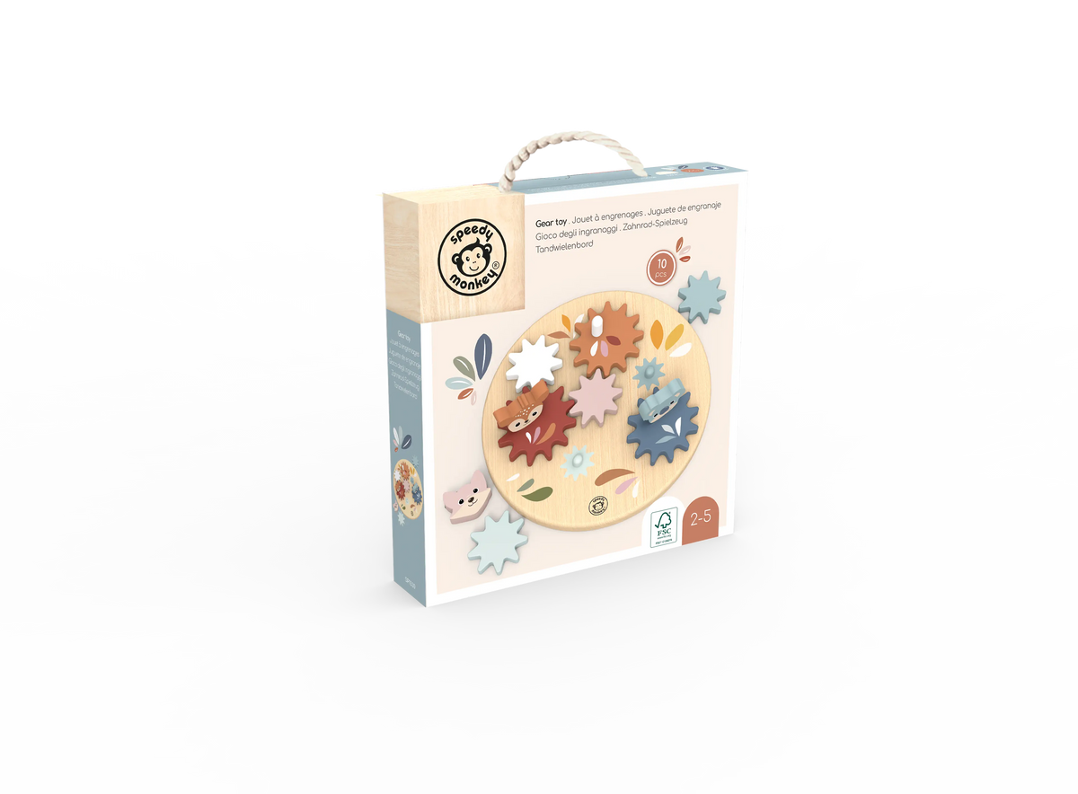 A boxed children's wooden puzzle toy shown on a clean white background. The package is mostly cream and light blue, with a circular window displaying colourful wooden gear pieces and a small handle on top.