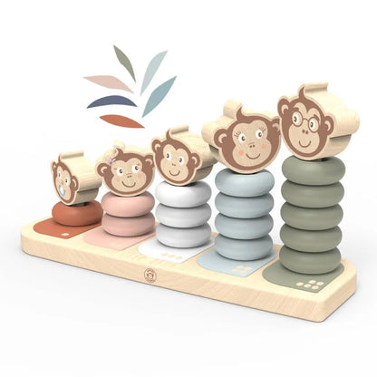 Stacking toy with monkey faces and colourful rings on a white background
