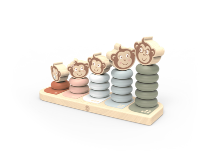 A wooden stacking toy for children featuring five columns of round pegs in terracotta, pink, light blue, grey, and olive green, topped with smiling monkey faces on a natural wood base.