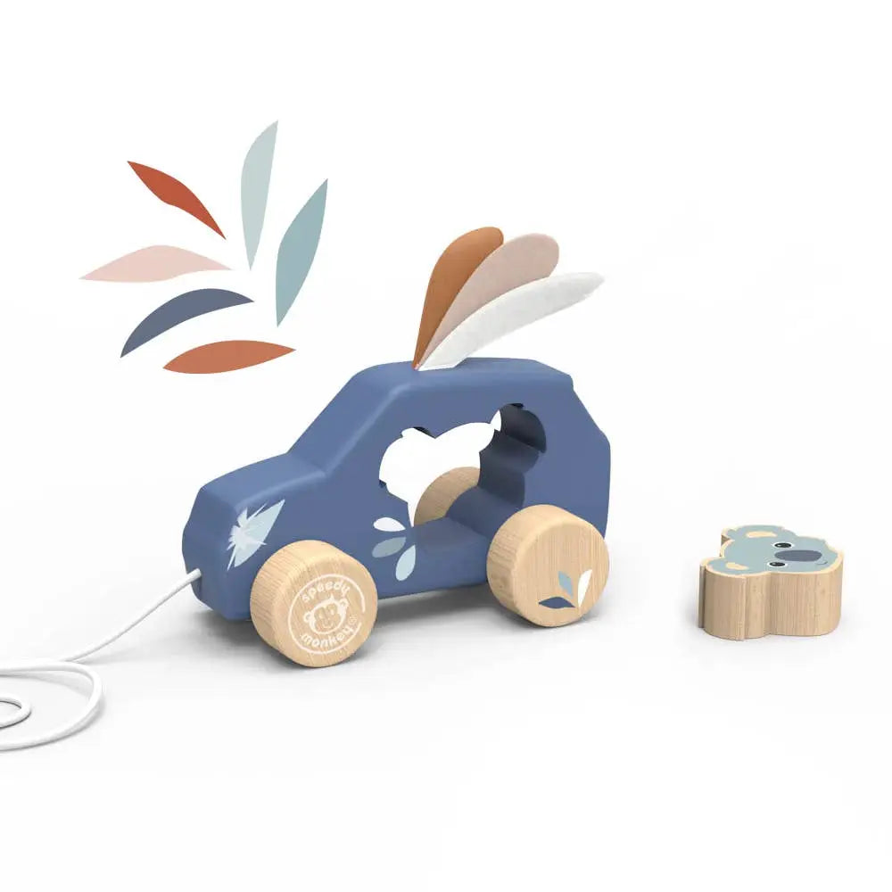 Wooden toy car with rabbit design on a white background